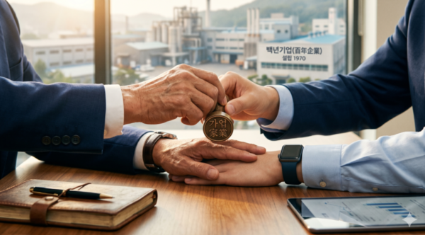 [창업세대와 후계세대가 기업의 열쇠를 함께 잡고 가업승계의 출발점을 논의하는 장면]
