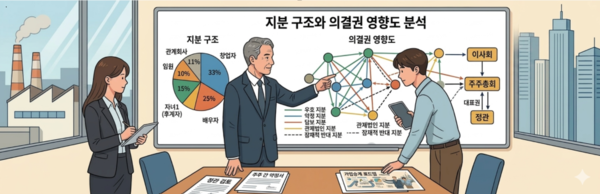 [지분율과 의결권 영향도를 분석해 경영권 안정성을 점검하는 전략회의 장면]