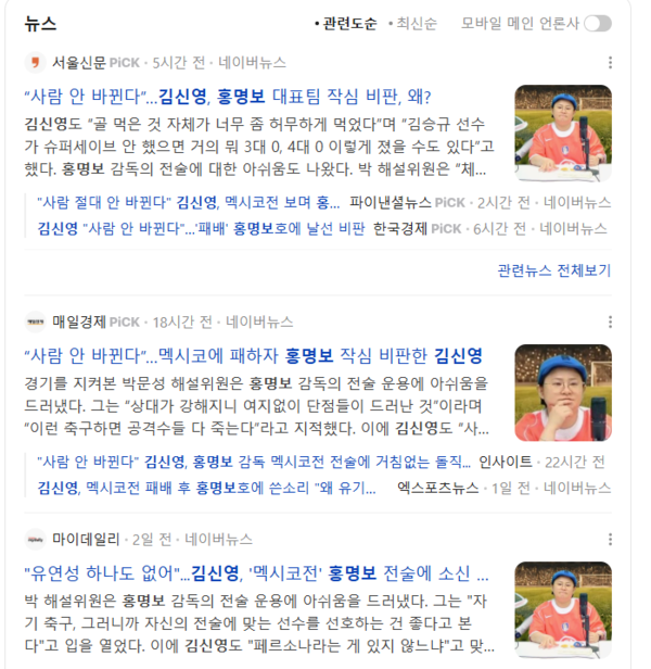 비전문가의 발언까지 일제히 기사화되서 대한민국 축구 국가대표팀 홍명보 감독을 비판하고 있는 대한민국 언론계